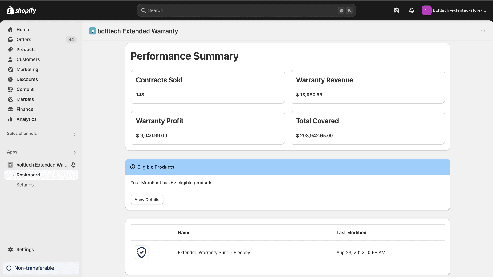 Bolttech Extended Warranty App Dashboard
