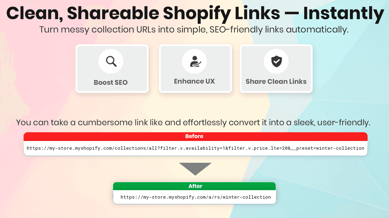 Before/after: messy vs clean collection URL with RouteSpark.