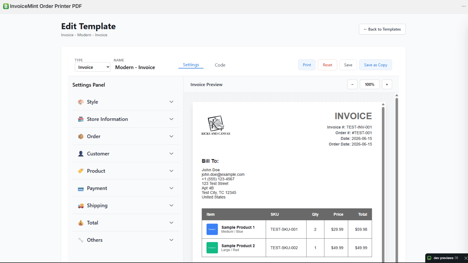 Template editor with settings panel and live invoice preview