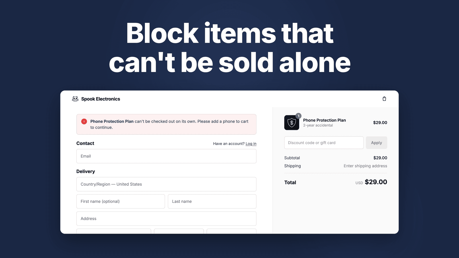 Checkout blocked because item can't be sold along