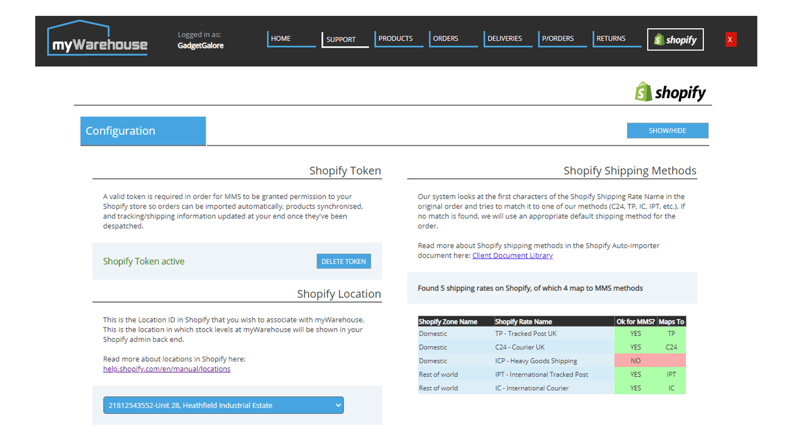 Configuration of shipping methods based on Shopify Shipping Zone