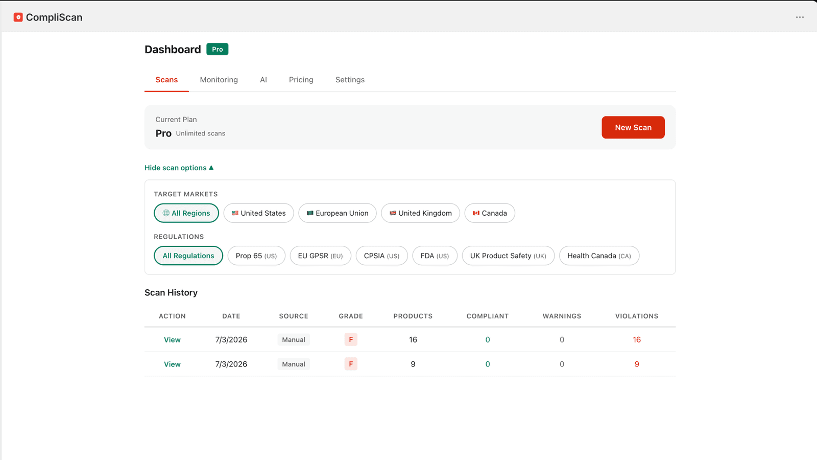 CompliScan dashboard showing scan history with compliance grades