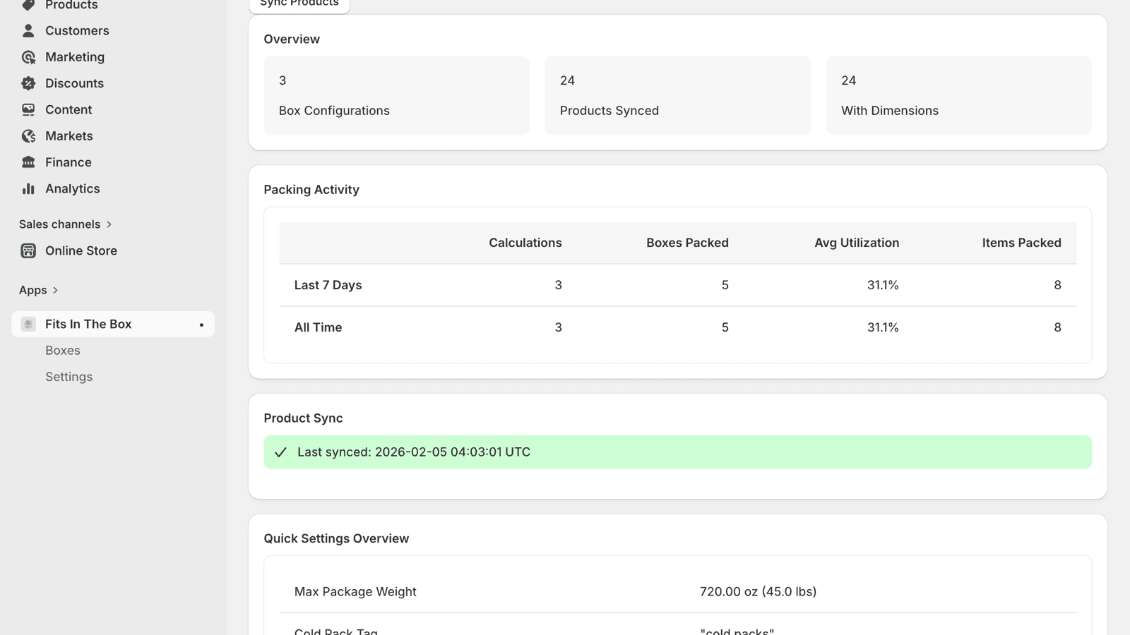Dashboard overview with packing activity and product sync stats