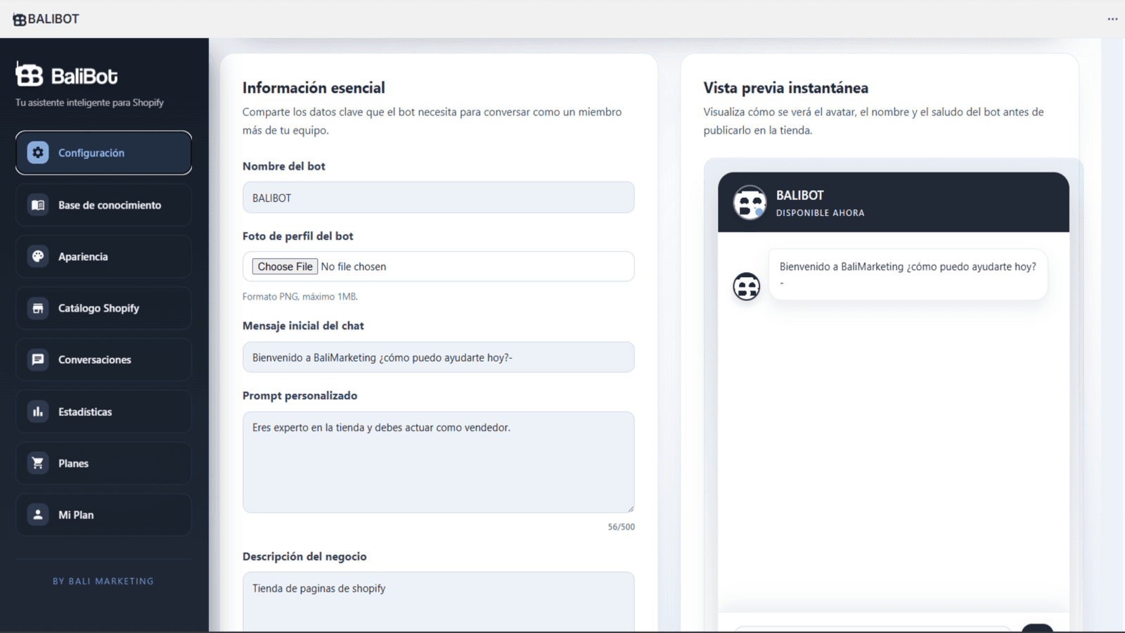 Balibot configuration panel with chatbot preview view