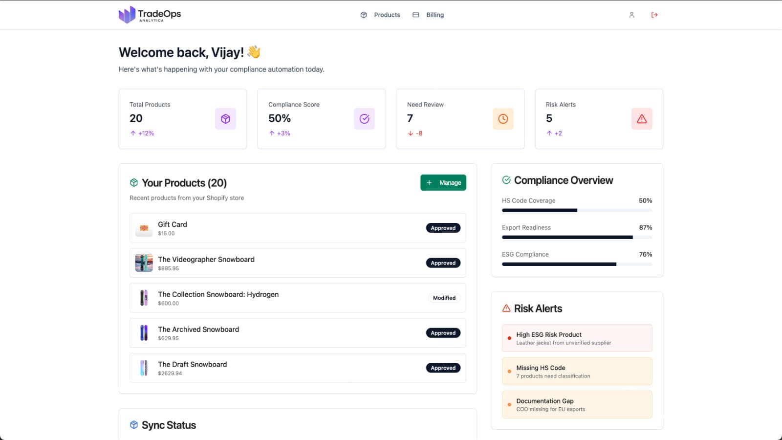 Clean dashboard with tables, cards, and one-click docs.
