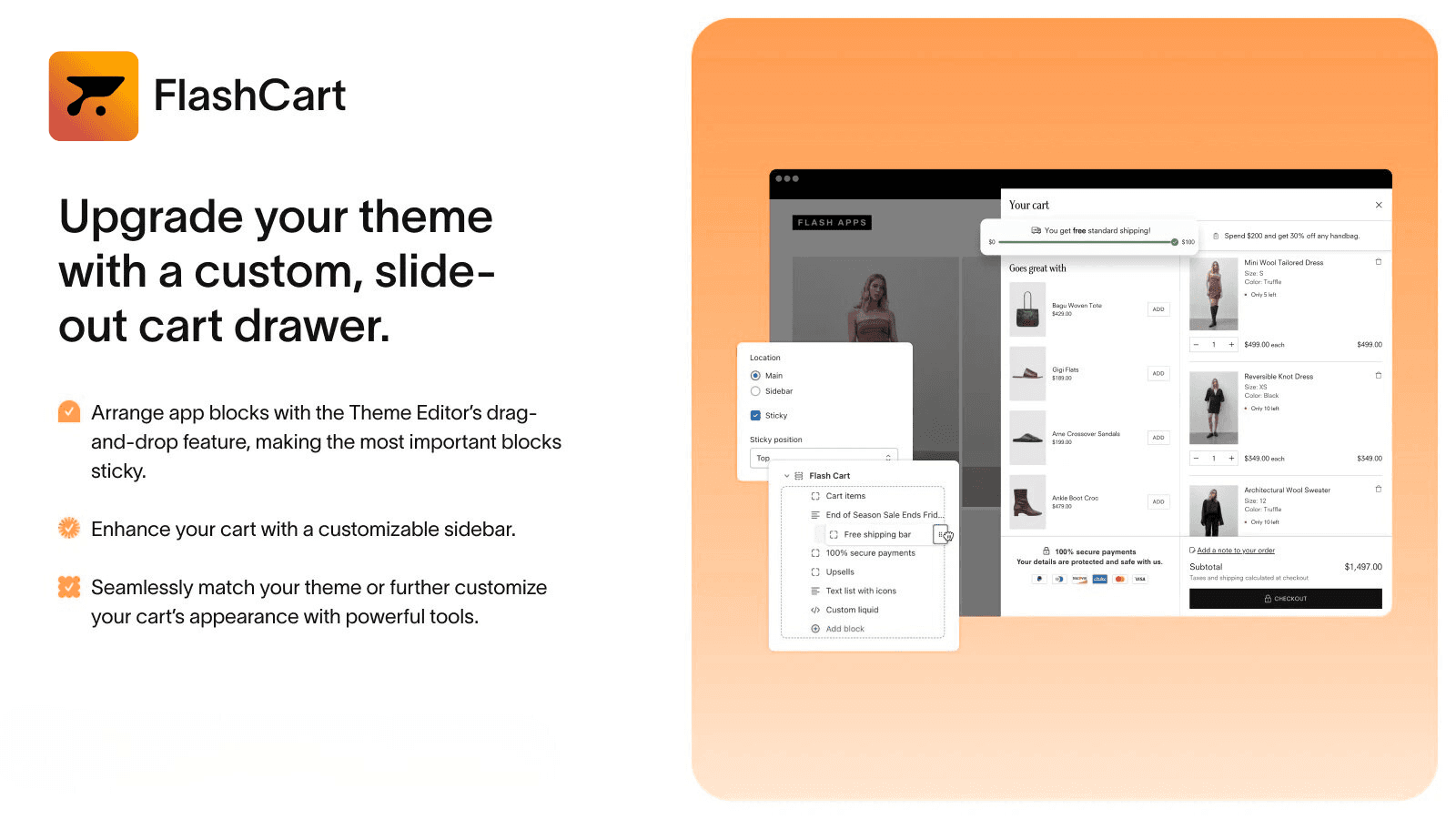 Upgrade your theme with a custom, slide-out cart drawer.