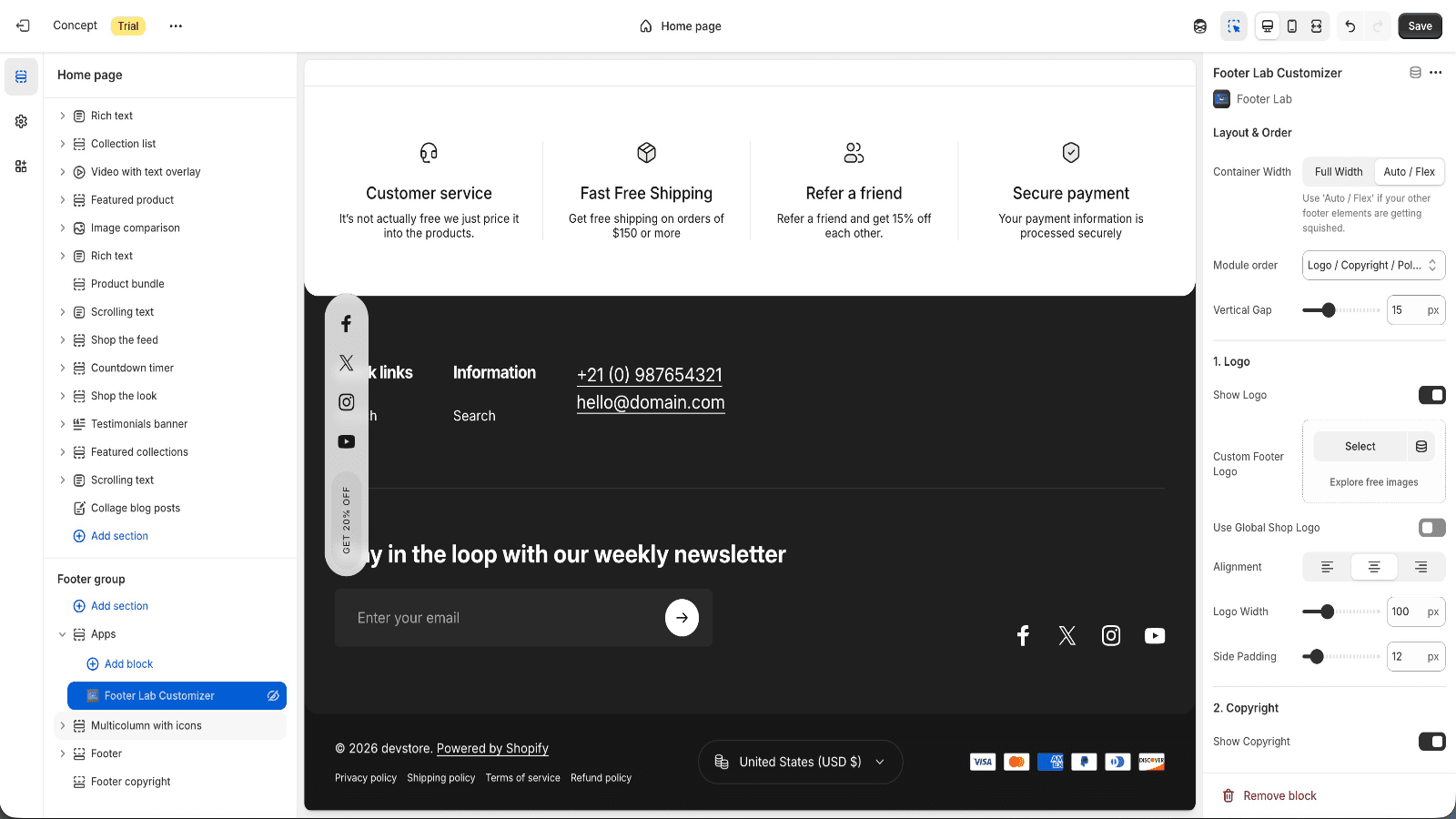 Customize footer layout, logo and alignment settings