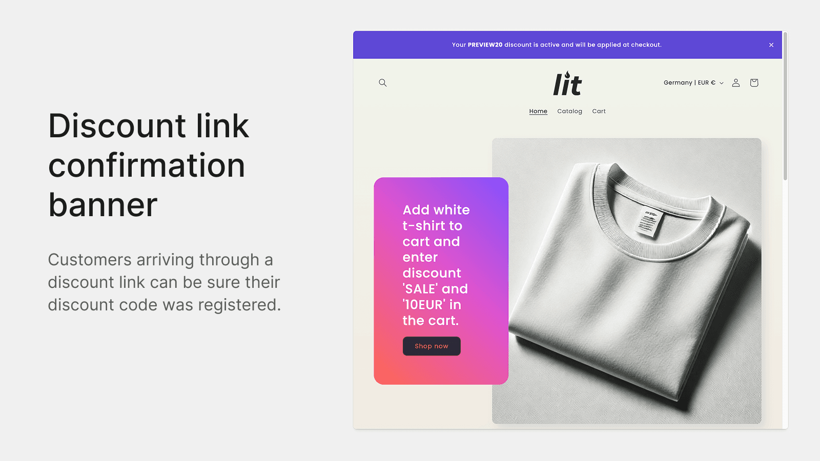 Discount link confirmation banner