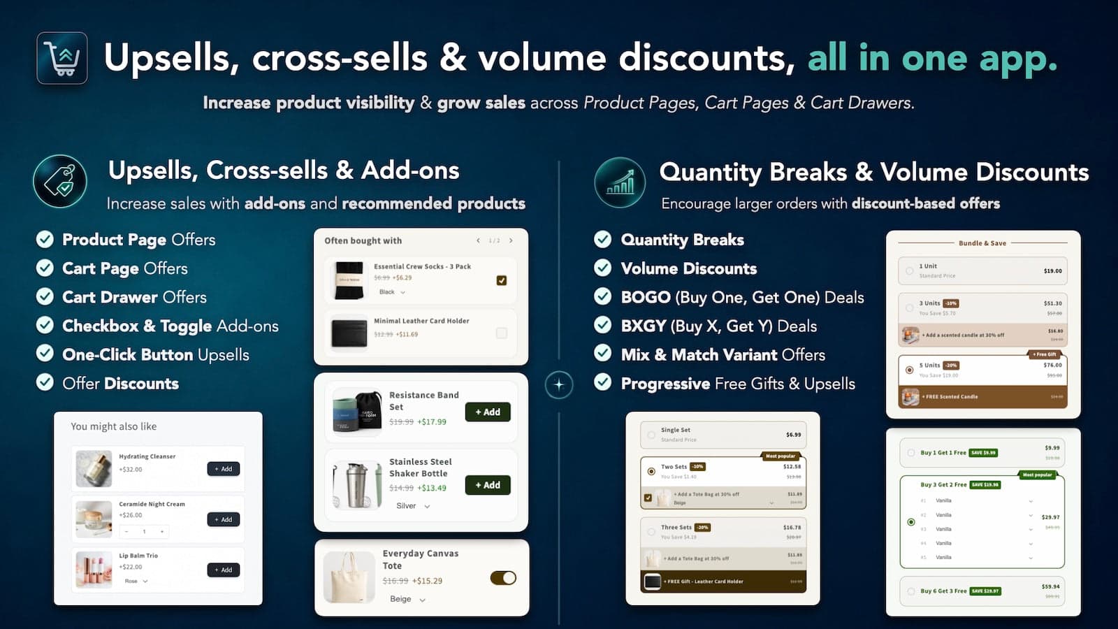 Boost AOV with upsells, cross-sells, volume discounts, BOGO/BXGY