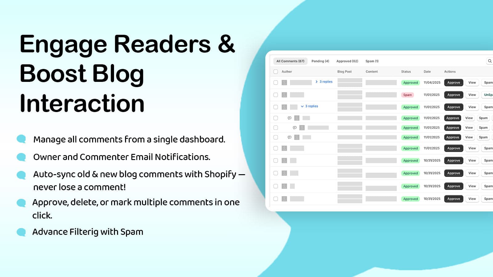Commentify dashboard for managing blog comments with email alert