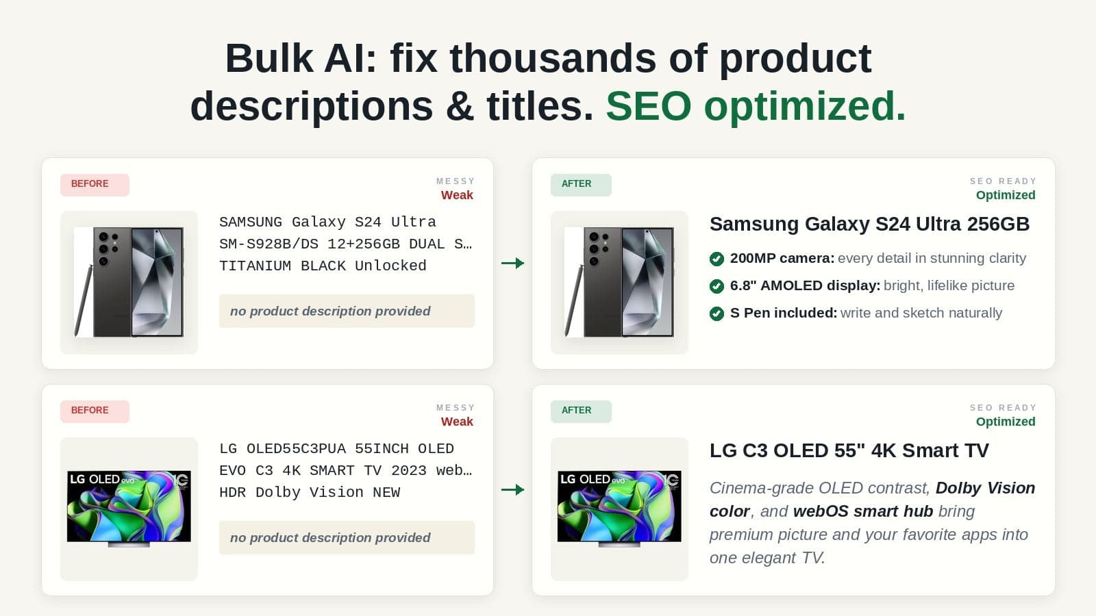 Bulk AI generate and fix product descriptions and titles for SEO