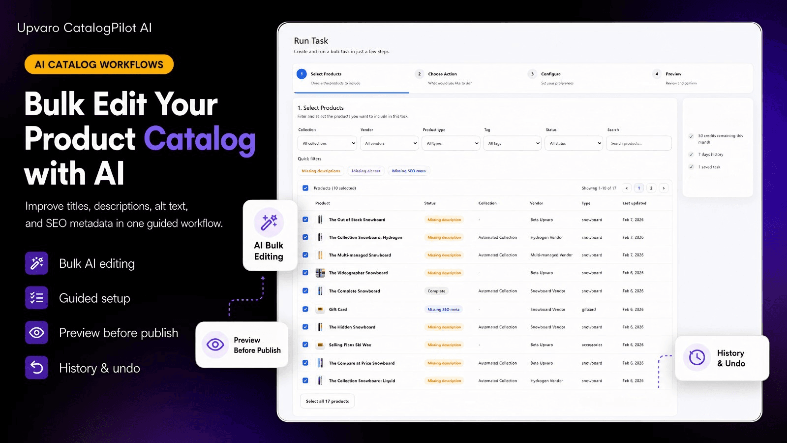 Bulk AI catalog editing workflow for products
