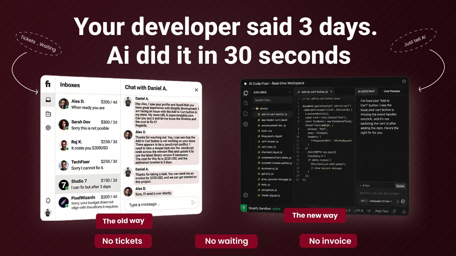 App interface showing AI fixing code in 30 seconds