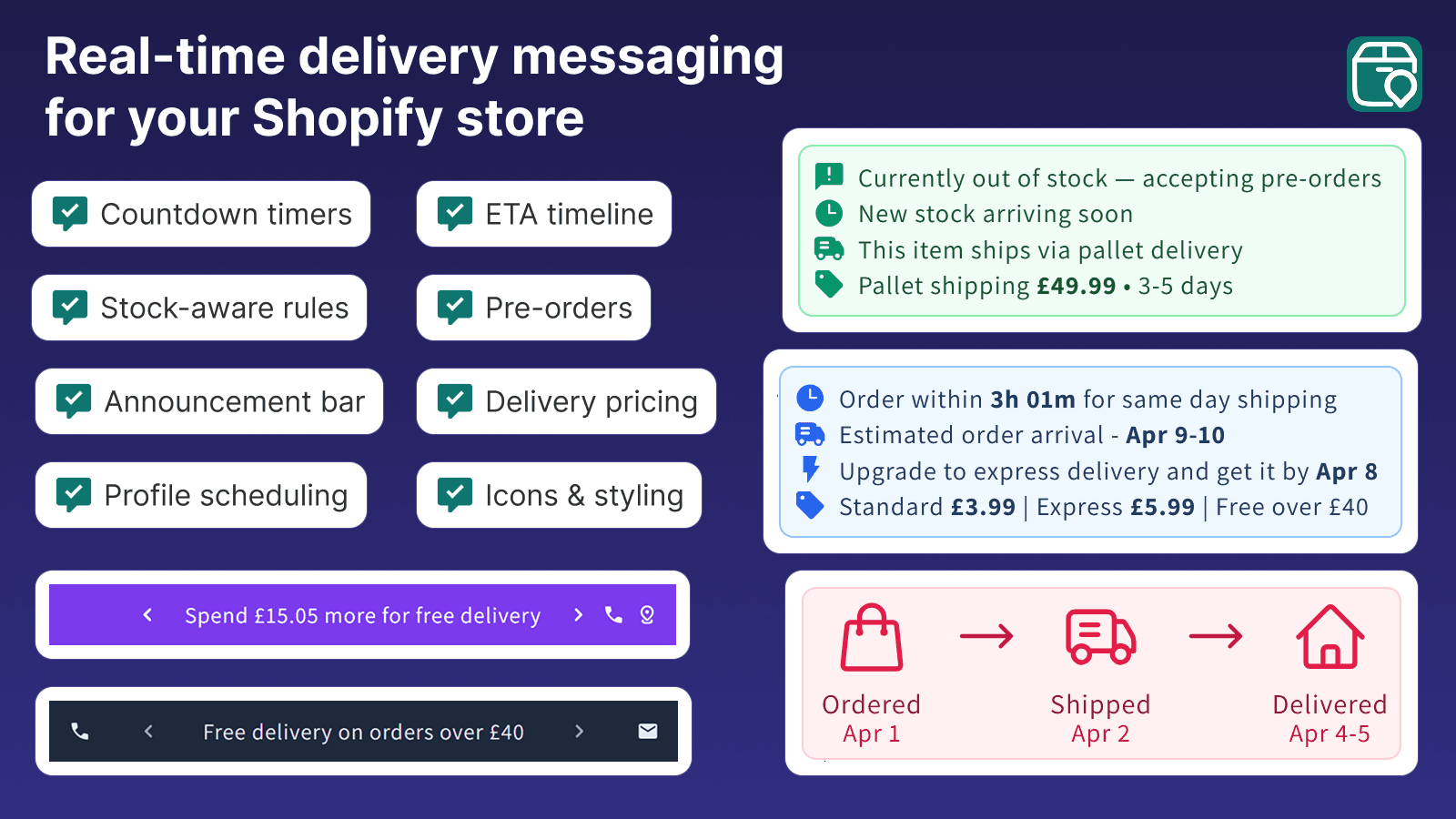 Delivery messaging features: timers, ETA, rules, pre-orders