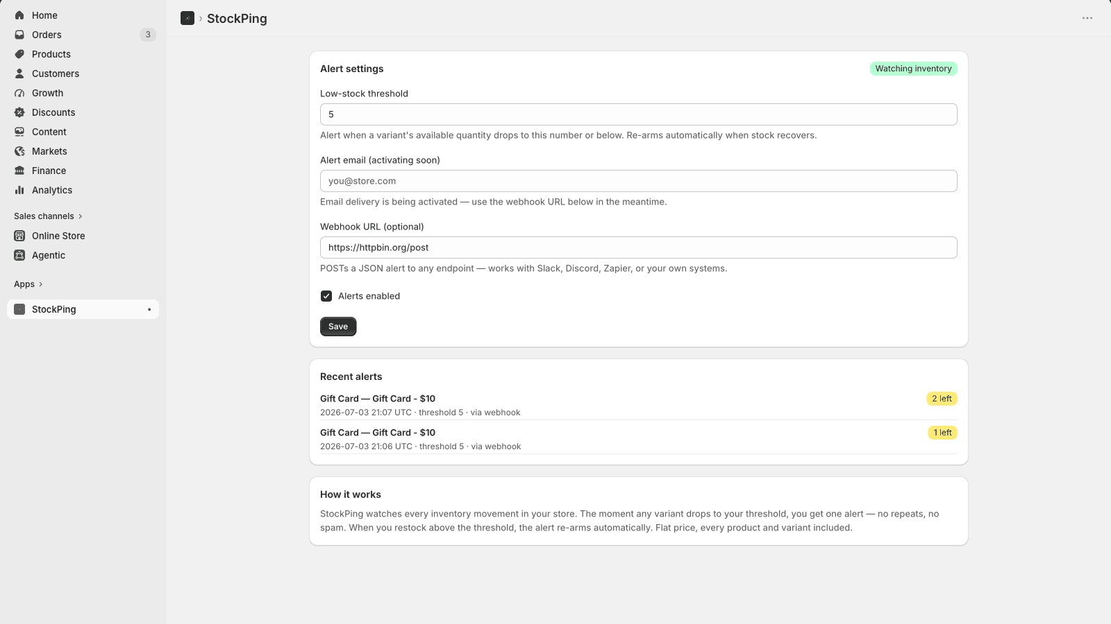 StockPing settings and recent alerts in Shopify admin