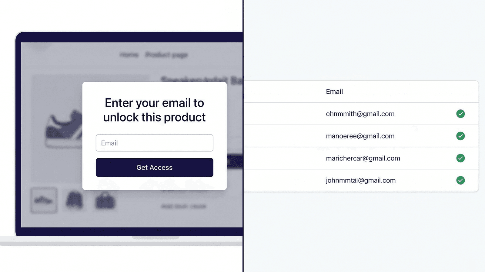 product page on a laptop screen with email on right side