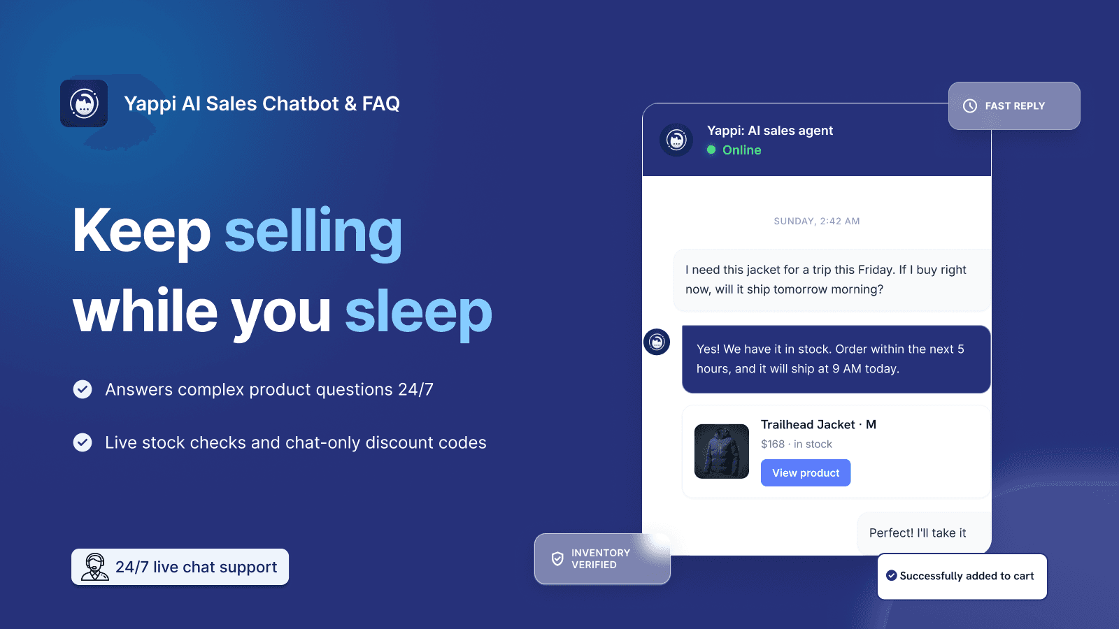 Yappi AI chat selling on a storefront while you sleep
