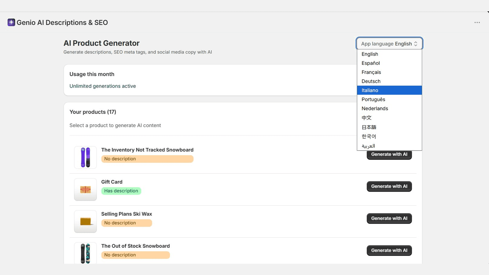 App language selector showing 11 supported languages