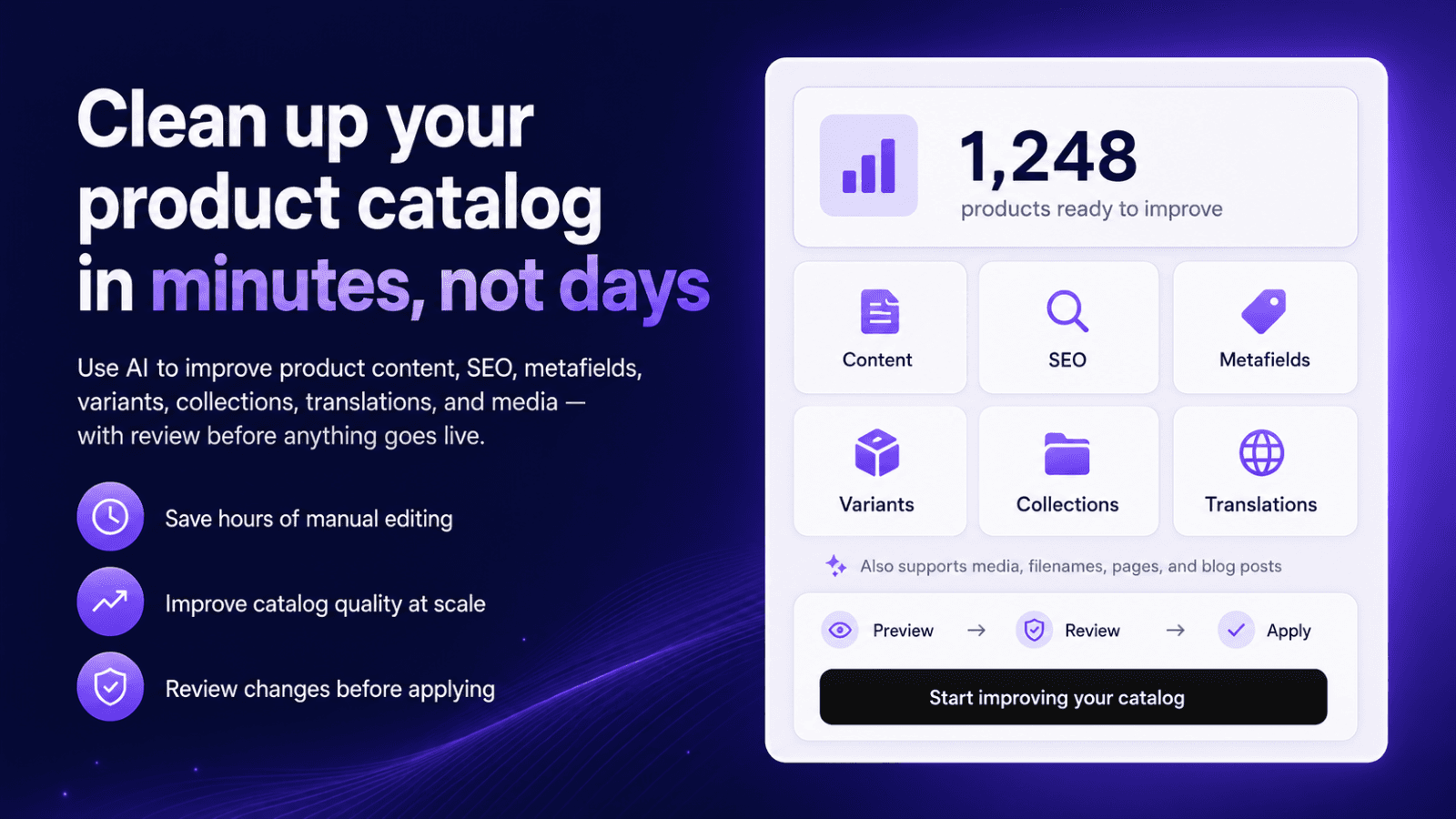 Bulk-edit thousands of products with AI you control.