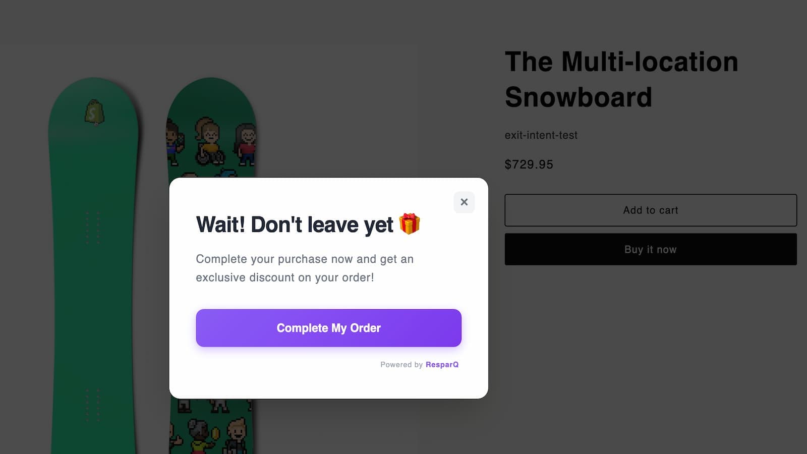 Exit intent popup offering discount on Shopify product page