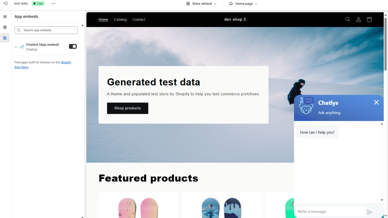 Chatlys chatbot showcase at shop template