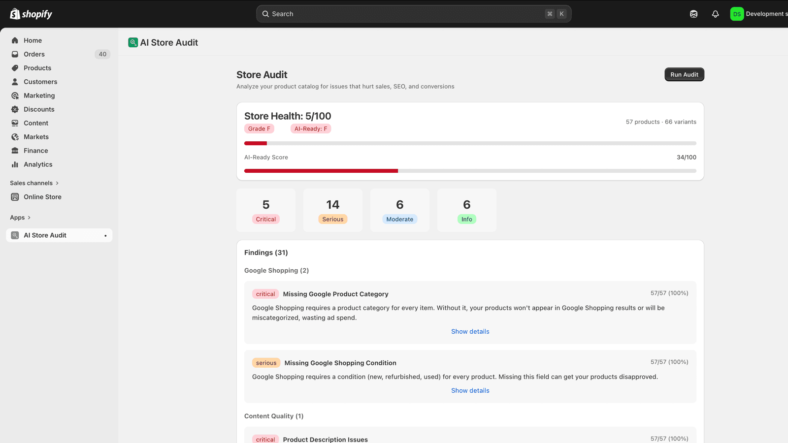 Store Health score 5/100 with Grade F, AI-Ready score, severity