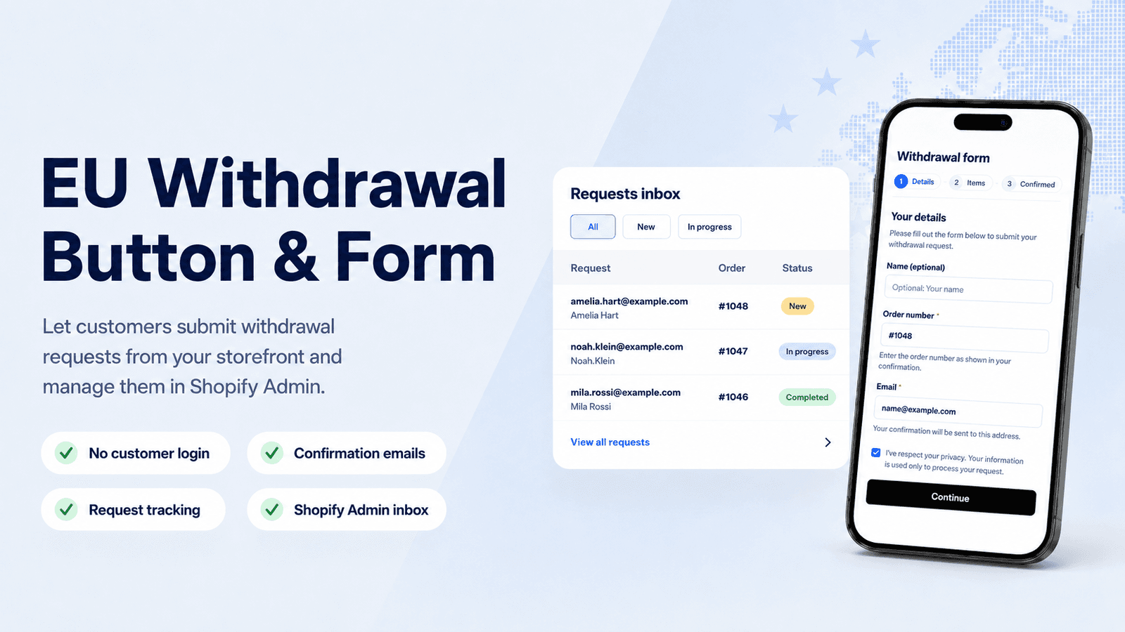 EU withdrawal workflow with no-account form and Shopify Admin in