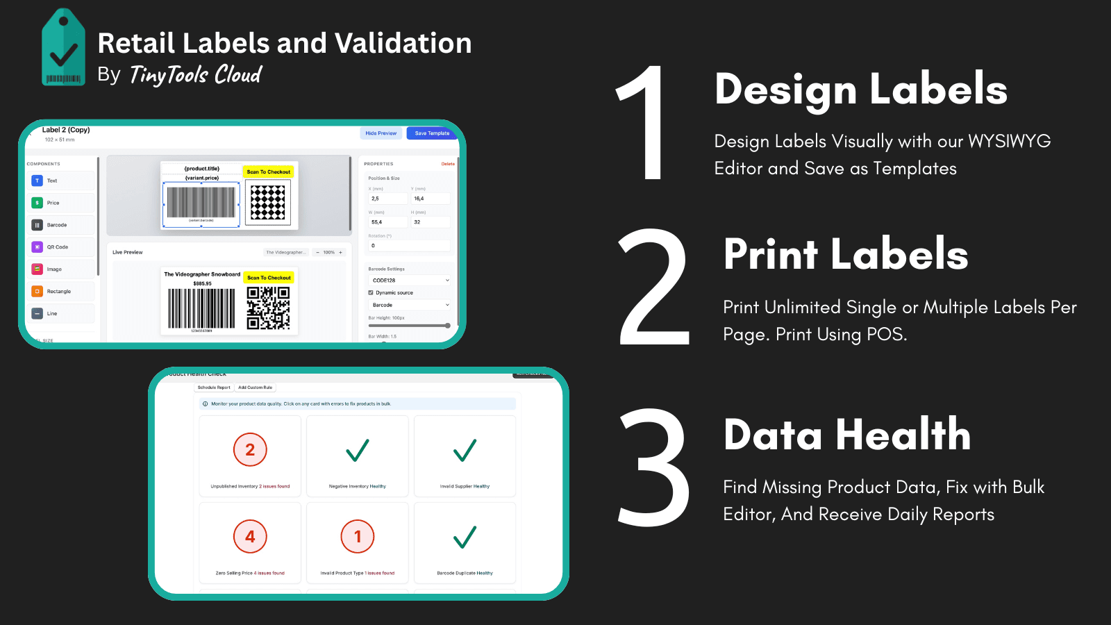 Design and print retail labels. Catch missing product data.