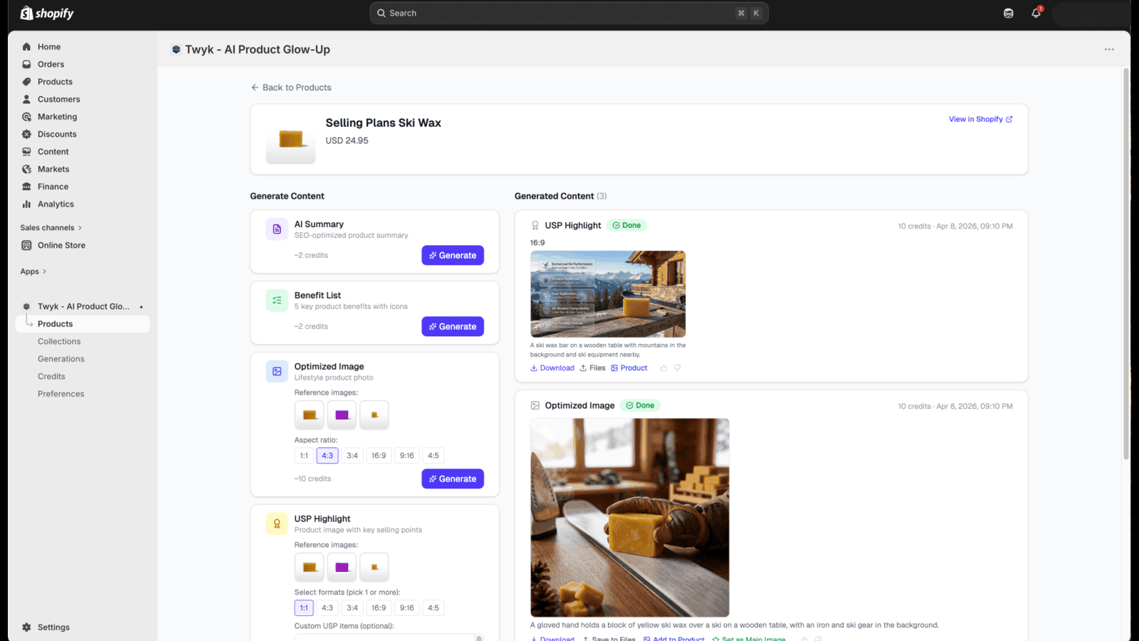 Product page with AI content generation and results in Shopify
