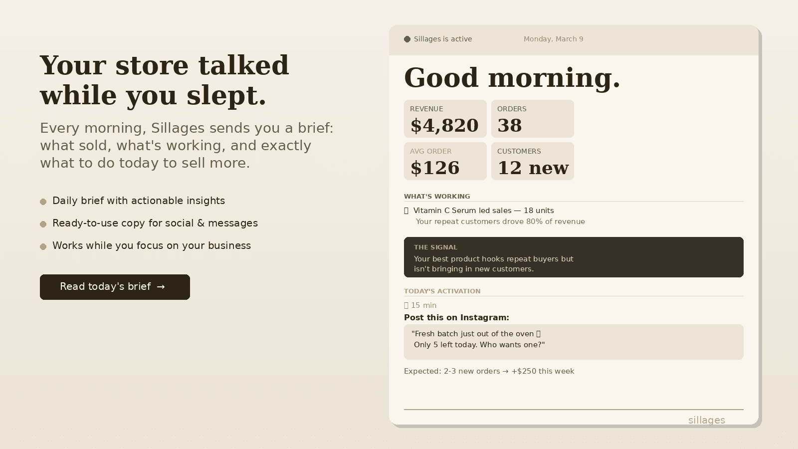 Sillages daily brief showing store analytics, insights, and acti