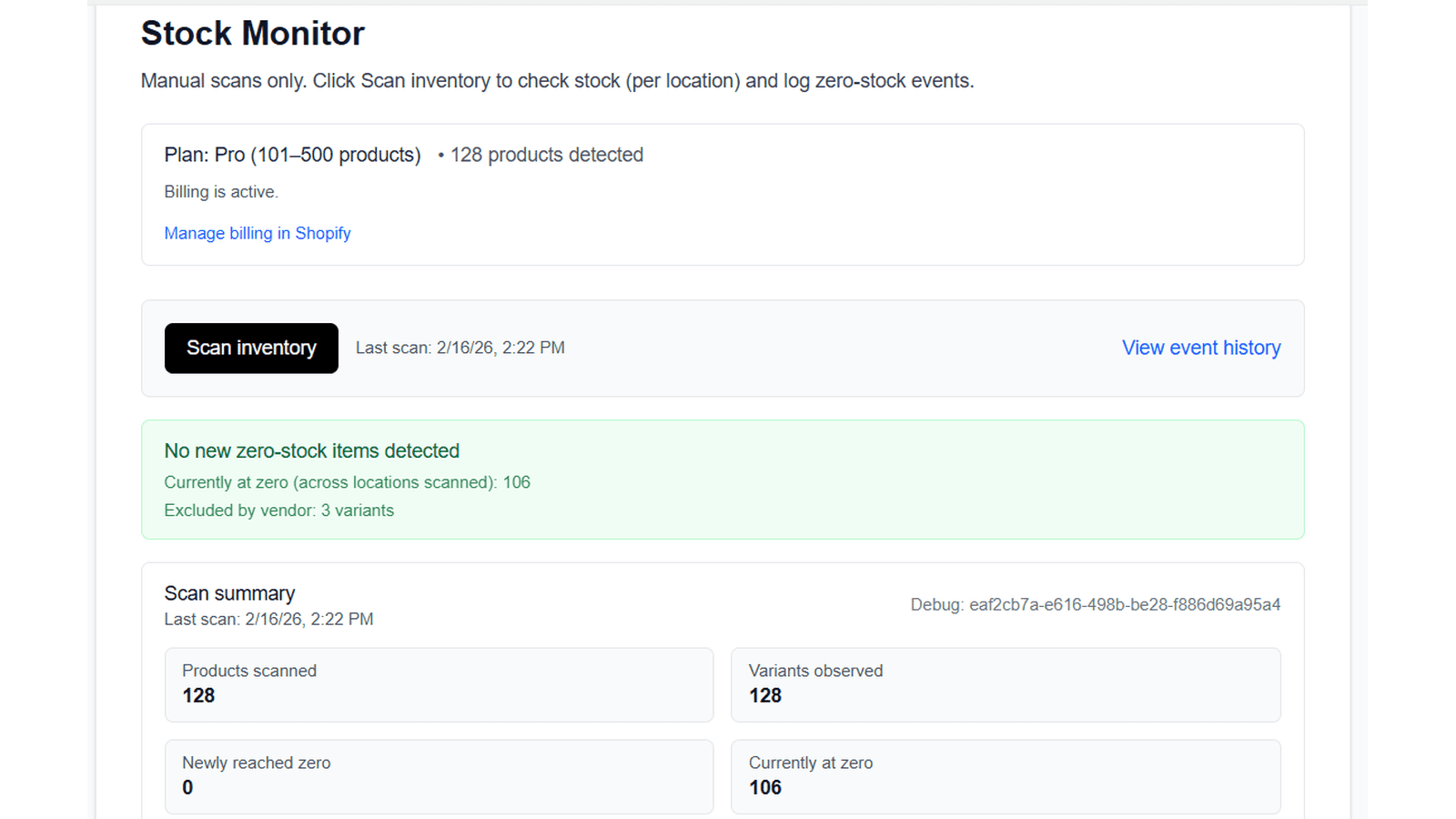 Baseline Stock Monitor home page, showing product scan results