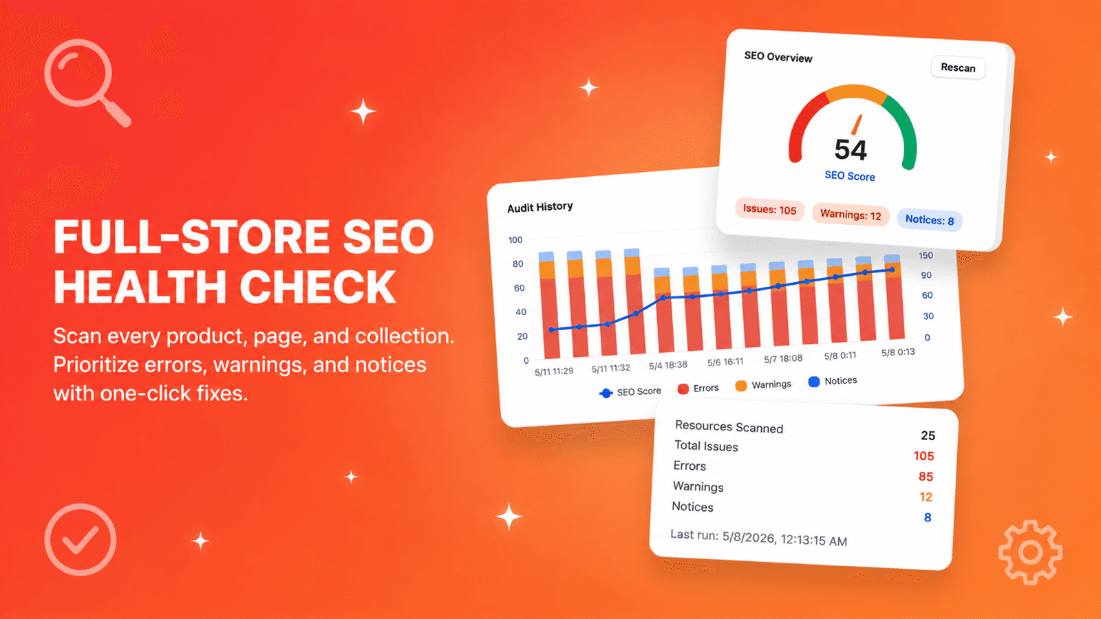SEO health check with score gauge and audit history