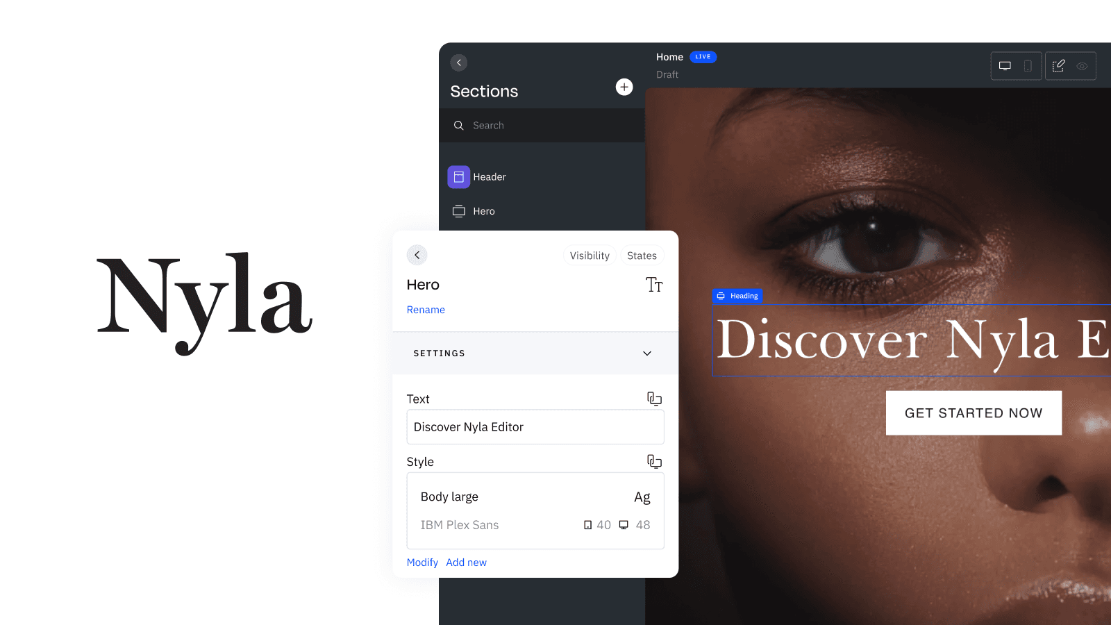 Inside Nyla Editor, editing a heading that reads "Discover Nyla"