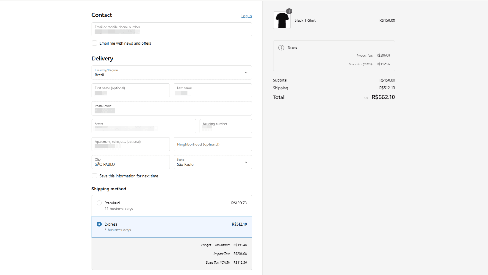 Checkout page with multiple shipping options and tax details