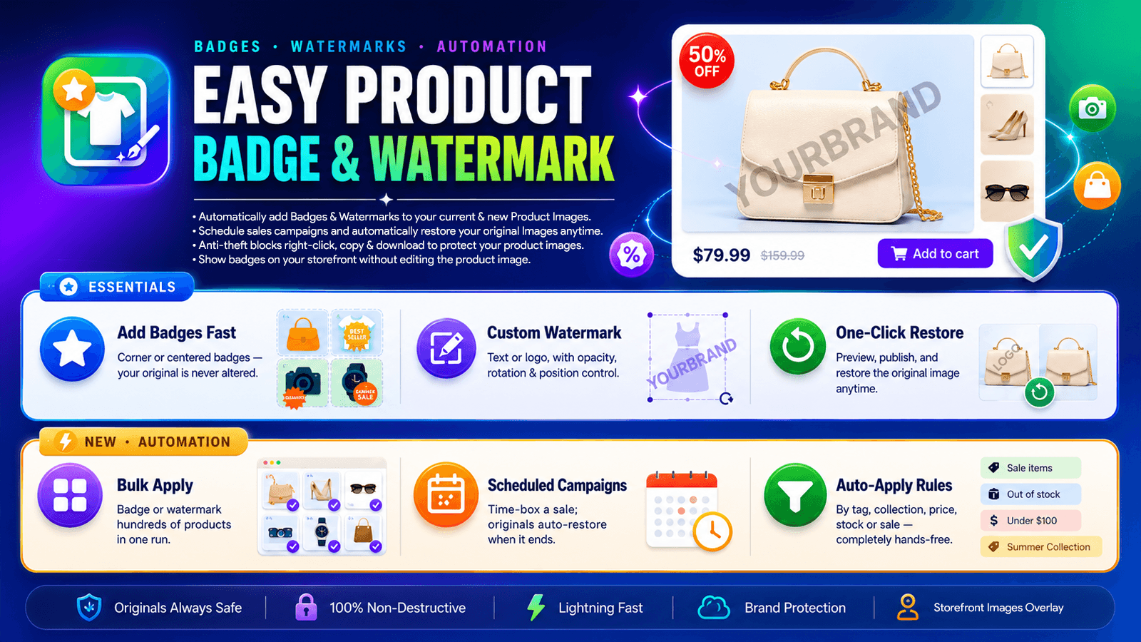 Primary features of Easy Product Badges & Watermark App