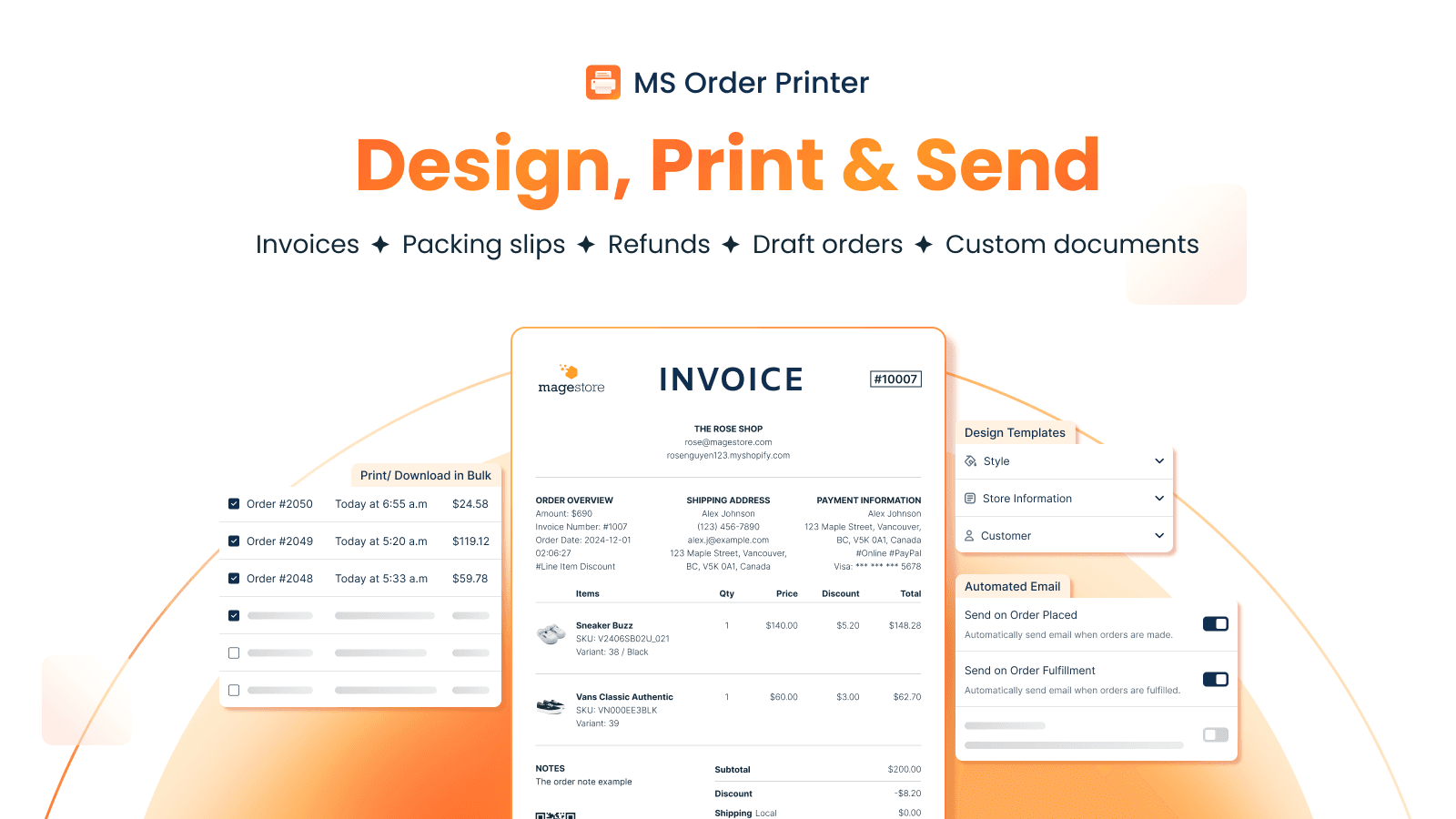 Create, design & print invoices, packing slips and refunds