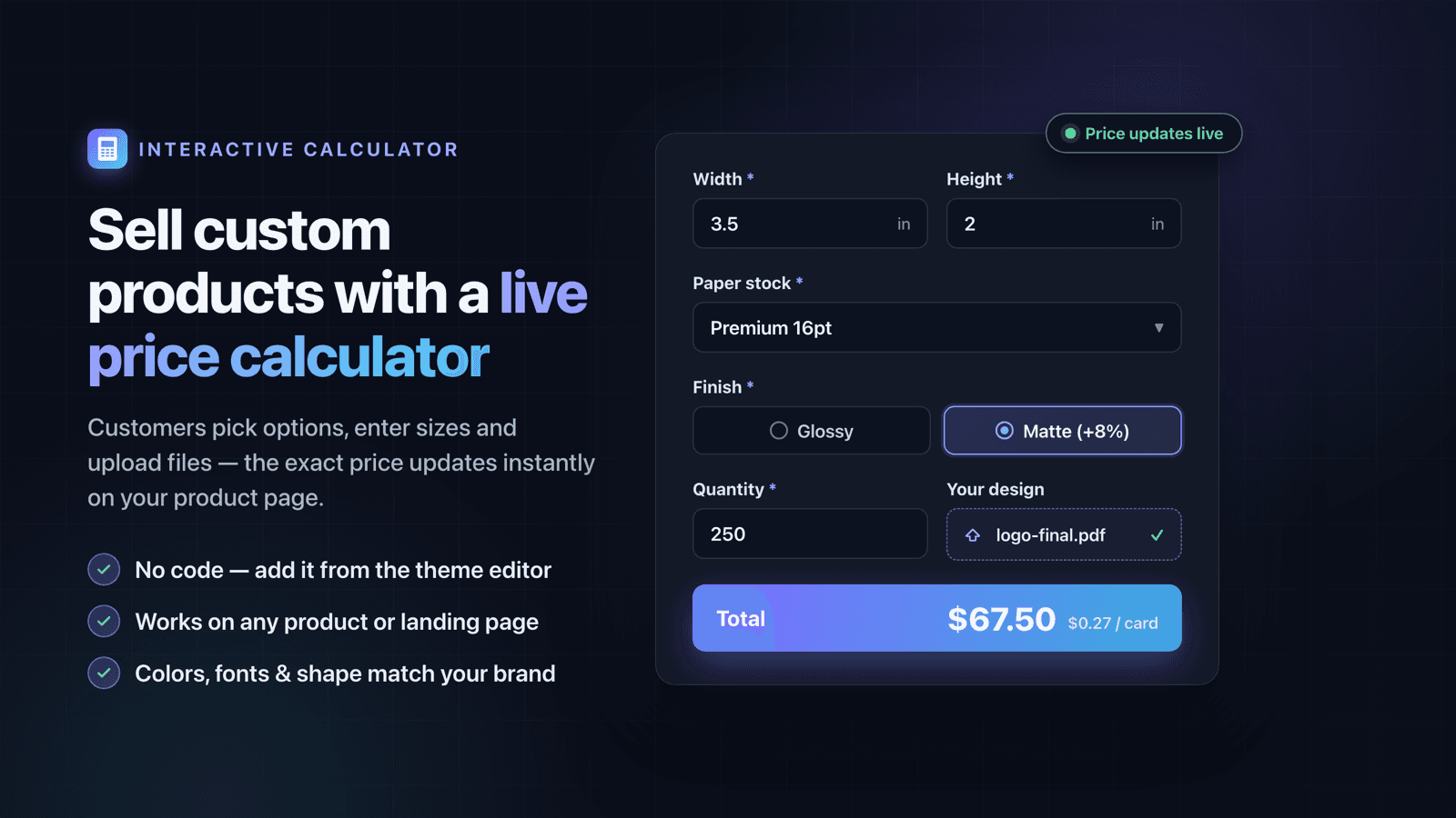 Sell custom products with a live price calculator