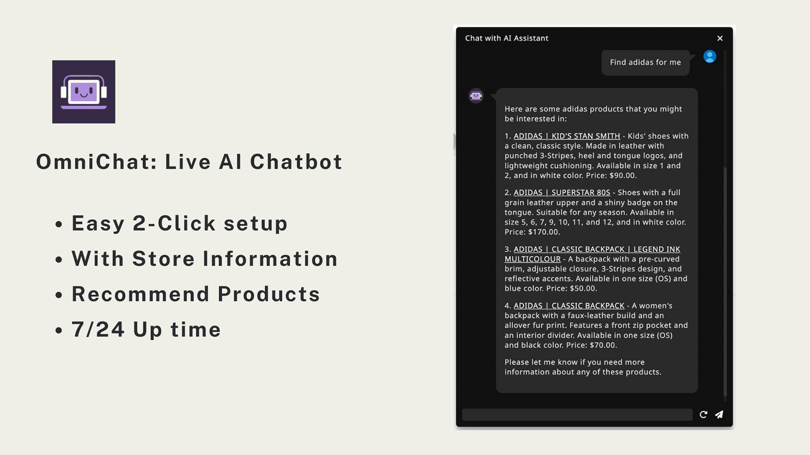 OmniChat: Live AI ChatBot. Easy 2-Click setup. Powered by GPT.