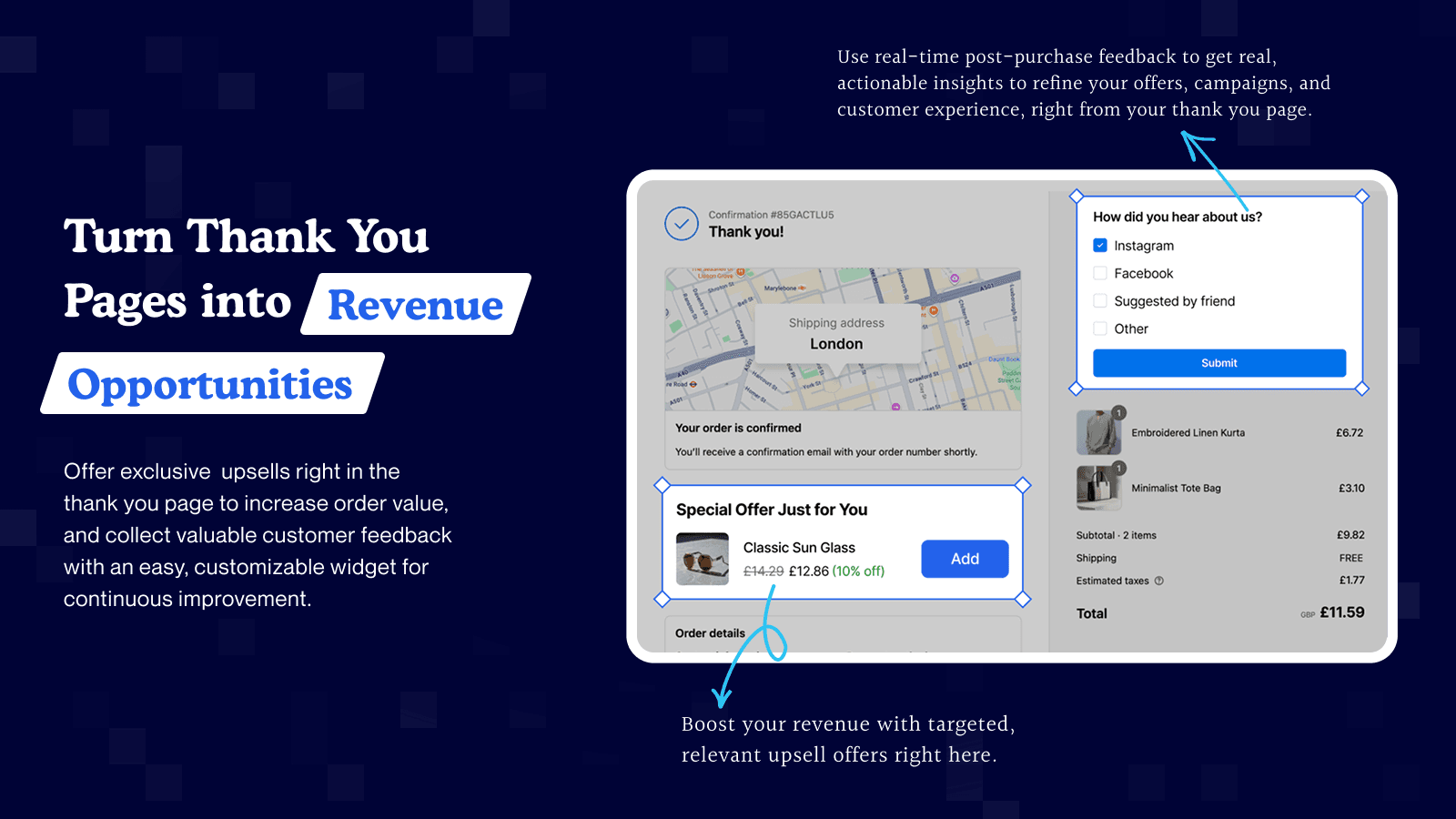 Thank you page upsell and feedback widget to grow store revenue.