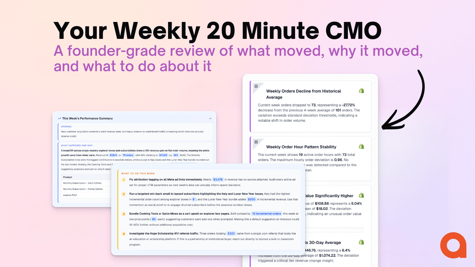 Weekly marketing report with action items ranked by $ impact