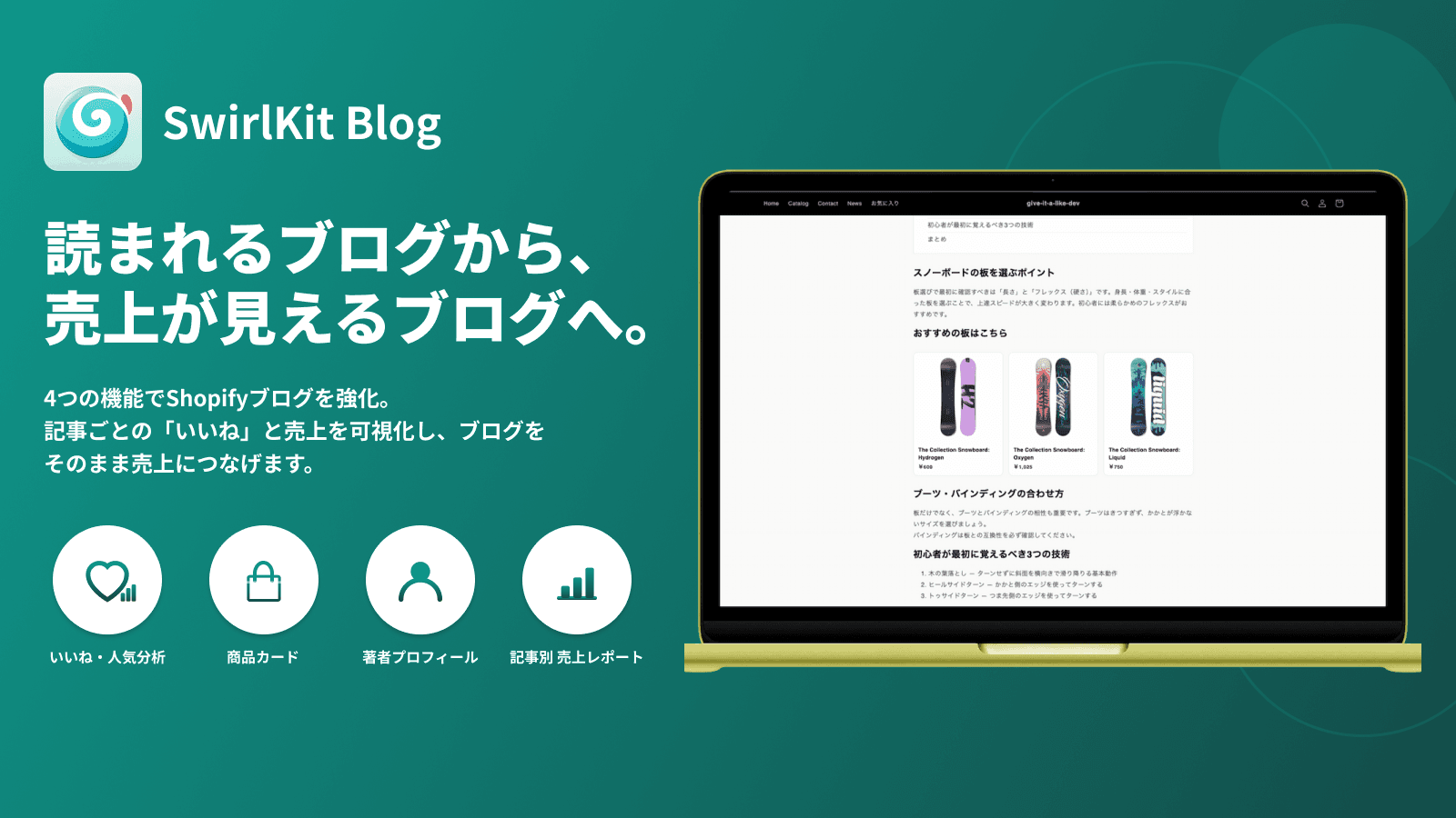 SwirlKit BlogのShopifyブログ強化画面。記事いいね・記事経由の売上計測・商品カード・著者プロフィールに対応。
