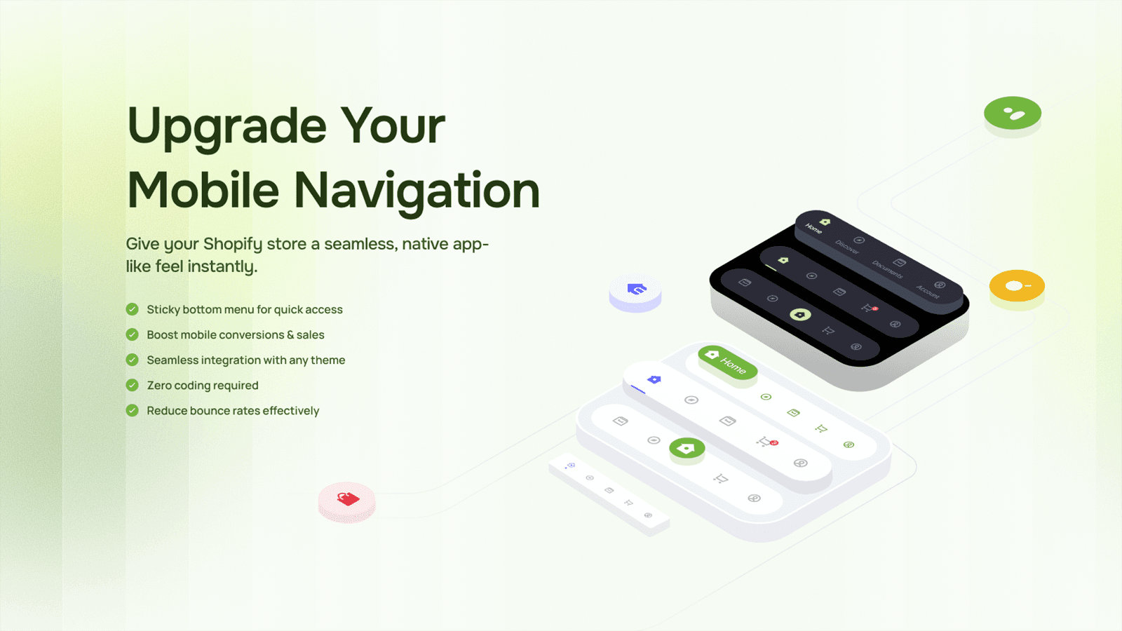 Mobile navigation, Shopify app interface, sticky bottom menu.