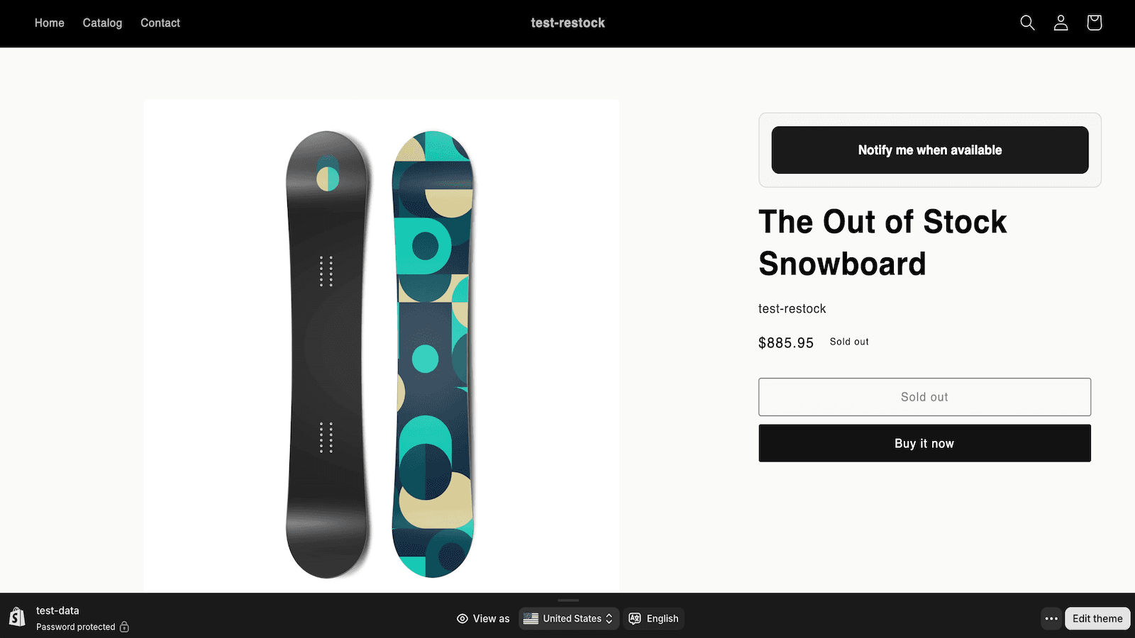 Sold-out product page with a "Notify me when available" button