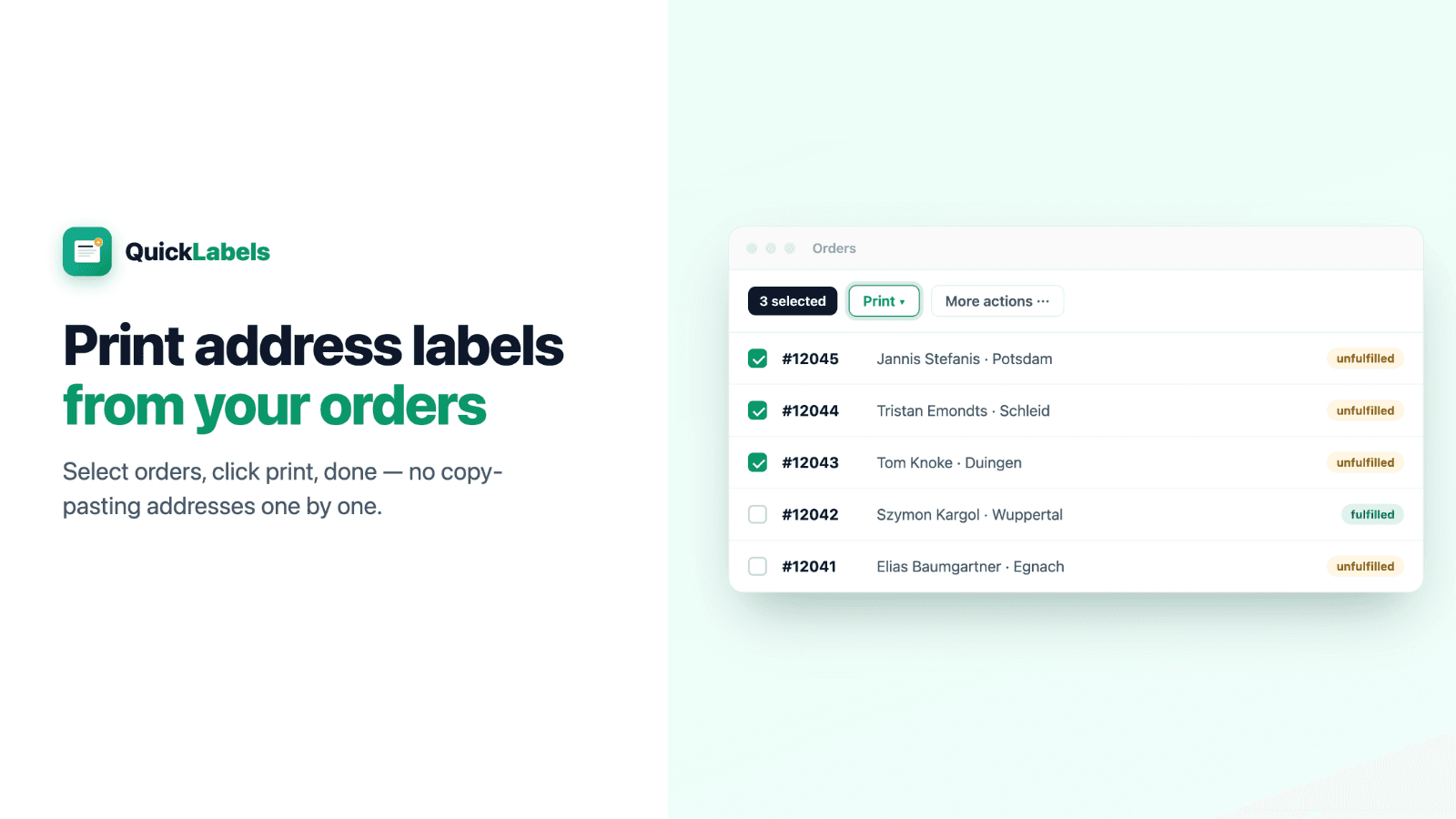 Shopify Orders list with three orders selected and the Print men
