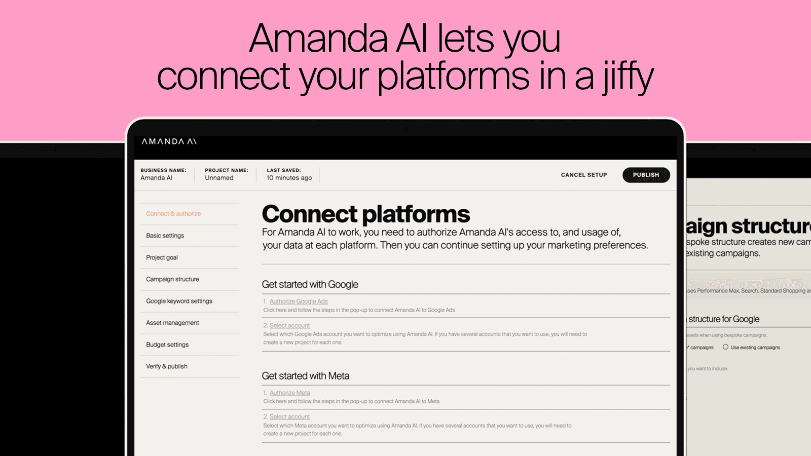 Showing Amanda AI app to connect Google Ads and Meta accounts