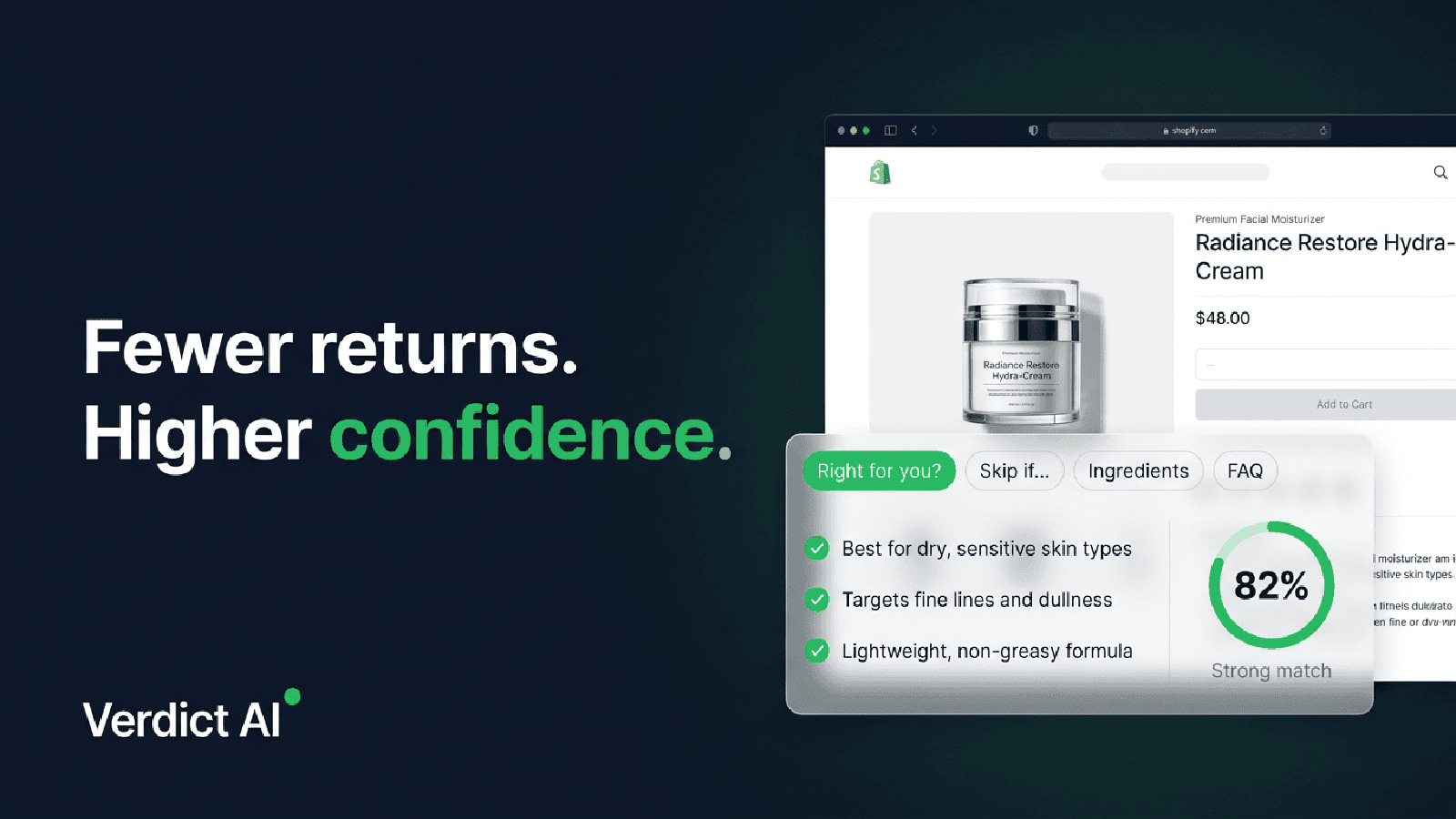 Verdict AI panel showing Perfect for you bullets on a Shopify pr