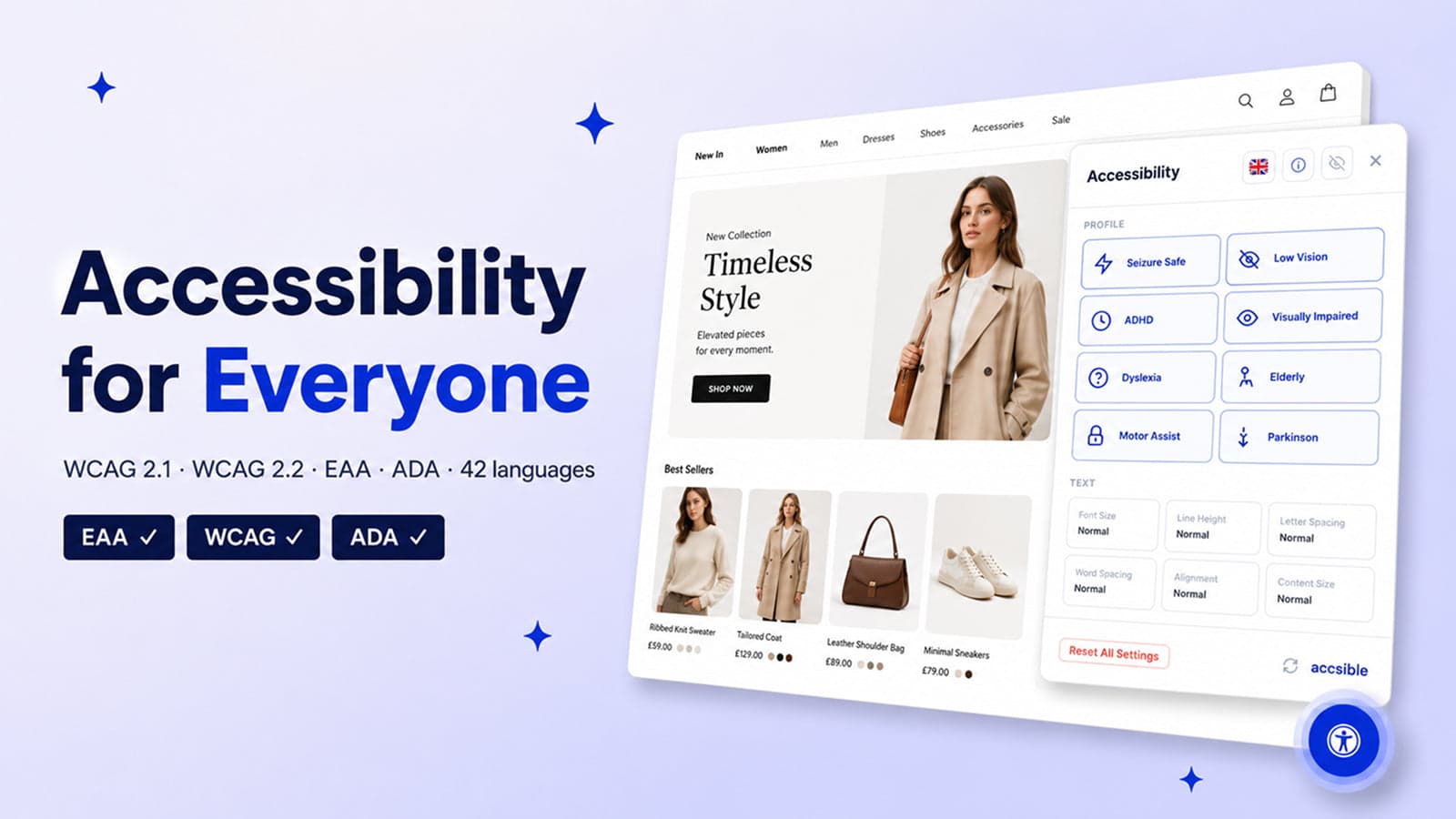 Accsible widget open on a Shopify store with EAA, WCAG and ADA.