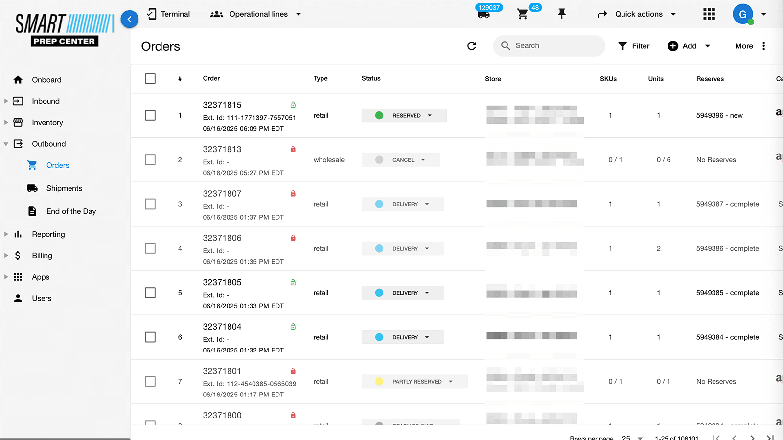 Order management interface showing list of orders