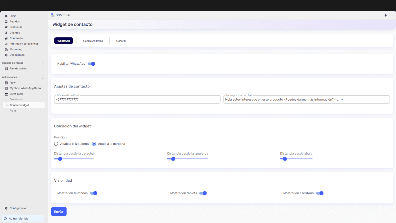 GOM Tools Contact Widget WhatsApp Settings