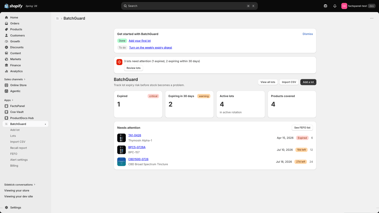 Lot risk dashboard with expired, expiring, and active counts